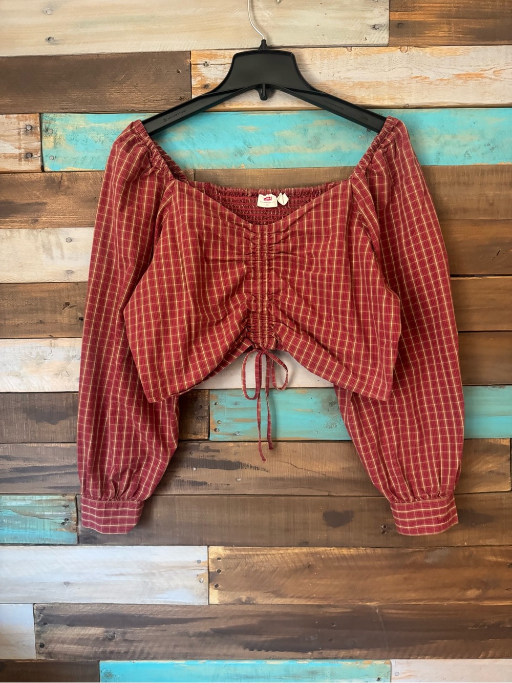 Levi’s Devin Plaid Ruched Crop Top Puff Sleeve Western Blouse Red | Size XL